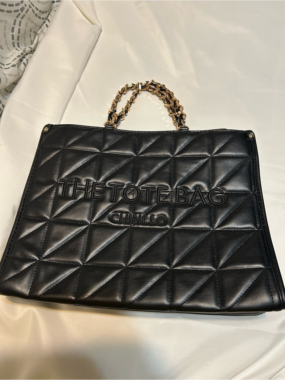 Black Quilted Tote with Gold Chain Handles.  long strap Not included